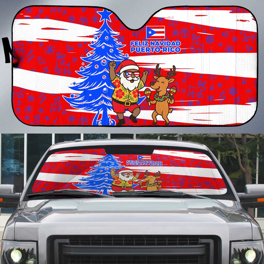 Puerto Rico Christmas Auto Sun Shade with Dancing Santa Reindeer Blue Tree and Festive Flag Design - Wonder Print Shop