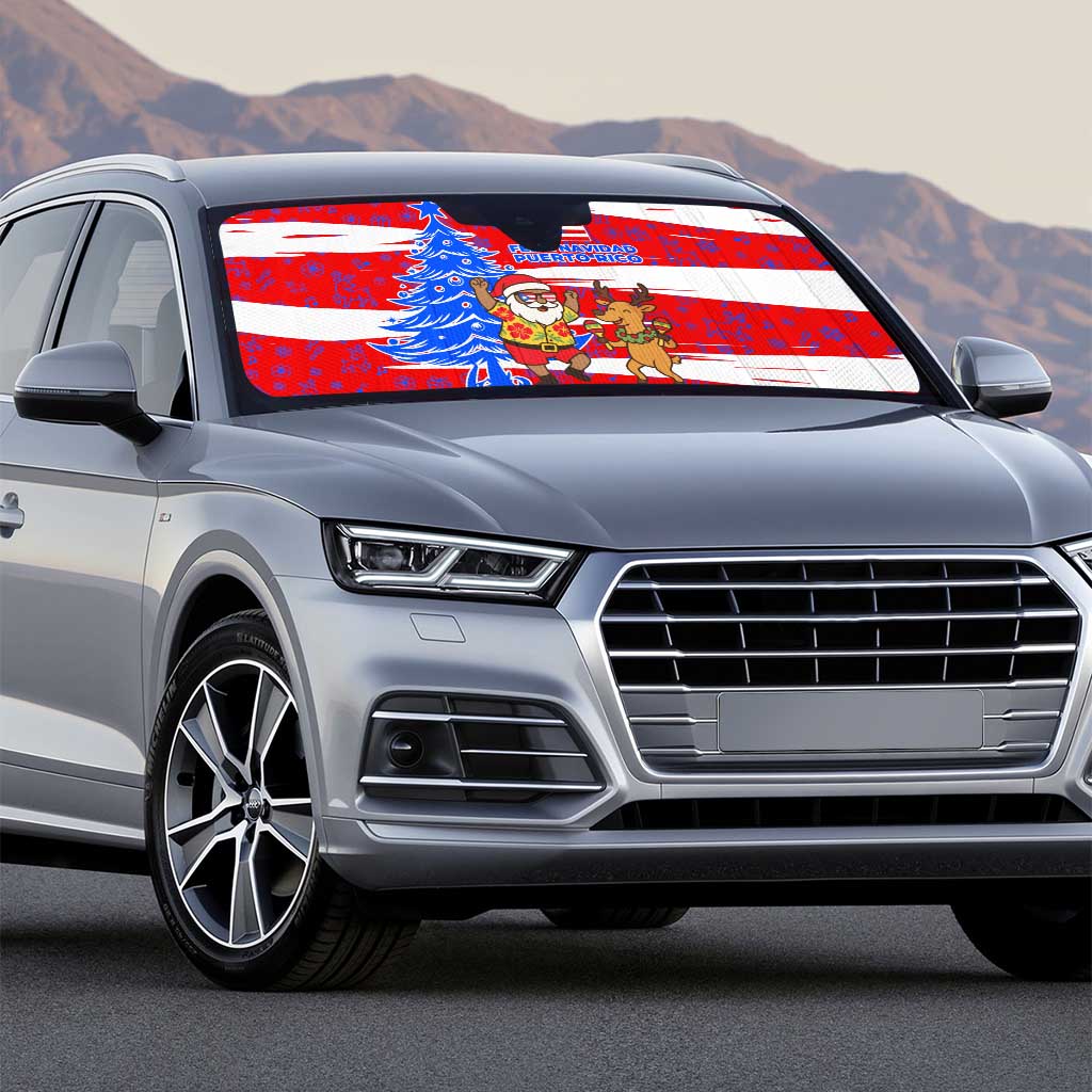 Puerto Rico Christmas Auto Sun Shade with Dancing Santa Reindeer Blue Tree and Festive Flag Design - Wonder Print Shop