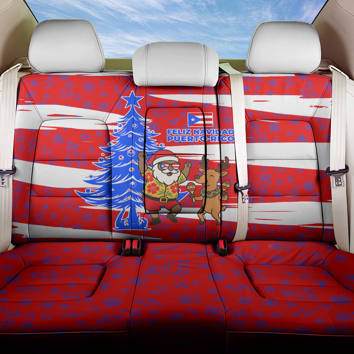 Puerto Rico Christmas Back Car Seat Cover with Dancing Santa Reindeer Blue Tree and Festive Flag Design - Wonder Print Shop