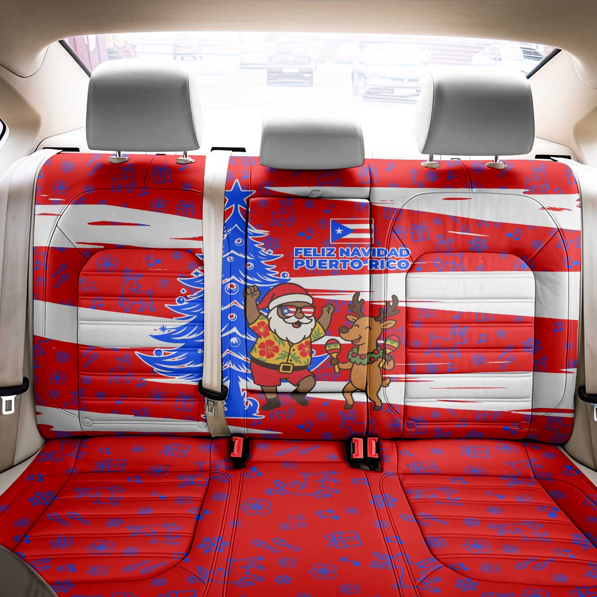 Puerto Rico Christmas Back Car Seat Cover with Dancing Santa Reindeer Blue Tree and Festive Flag Design - Wonder Print Shop