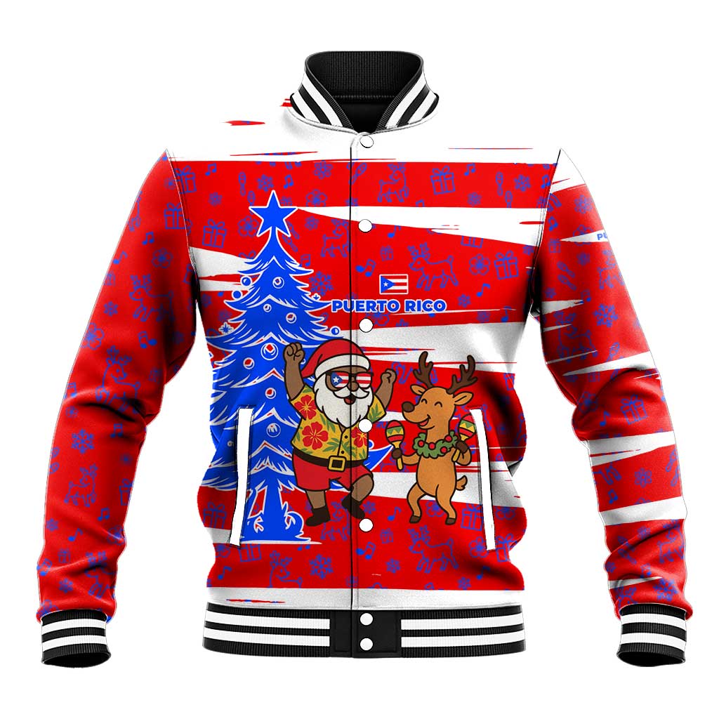 Puerto Rico Christmas Baseball Jacket with Dancing Santa Reindeer Blue Tree and Festive Flag Design - Wonder Print Shop