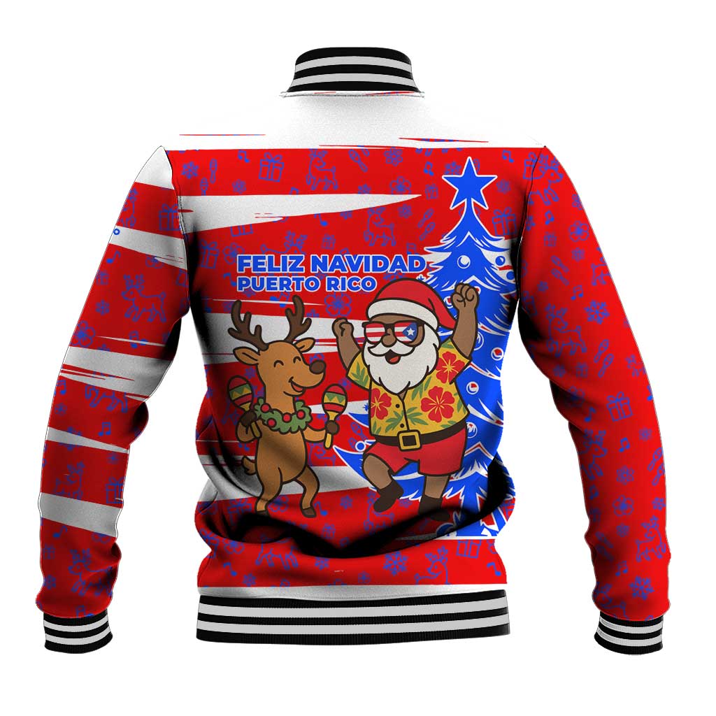 Puerto Rico Christmas Baseball Jacket with Dancing Santa Reindeer Blue Tree and Festive Flag Design - Wonder Print Shop
