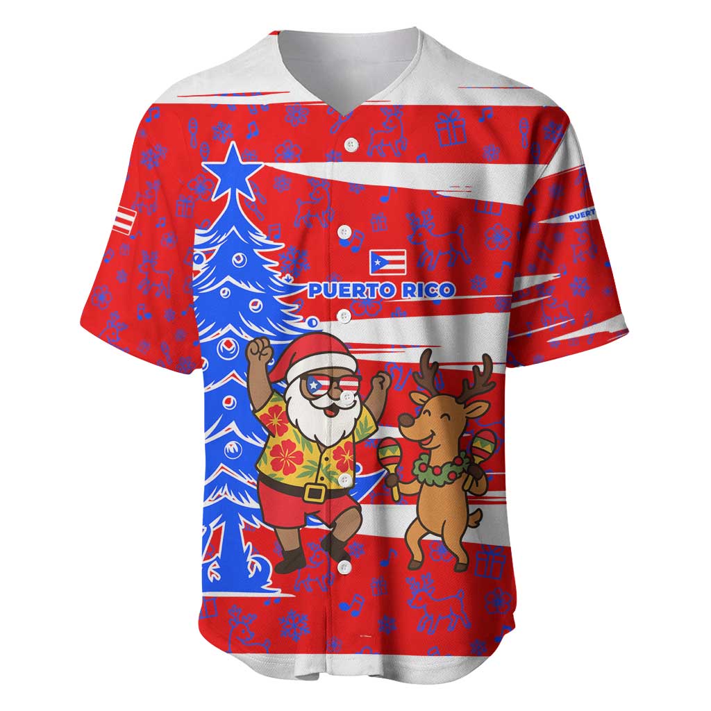 Puerto Rico Christmas Baseball Jersey with Dancing Santa Reindeer Blue Tree and Festive Flag Design - Wonder Print Shop