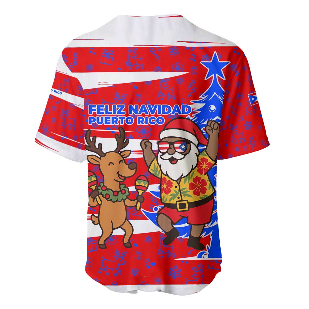 Puerto Rico Christmas Baseball Jersey with Dancing Santa Reindeer Blue Tree and Festive Flag Design - Wonder Print Shop