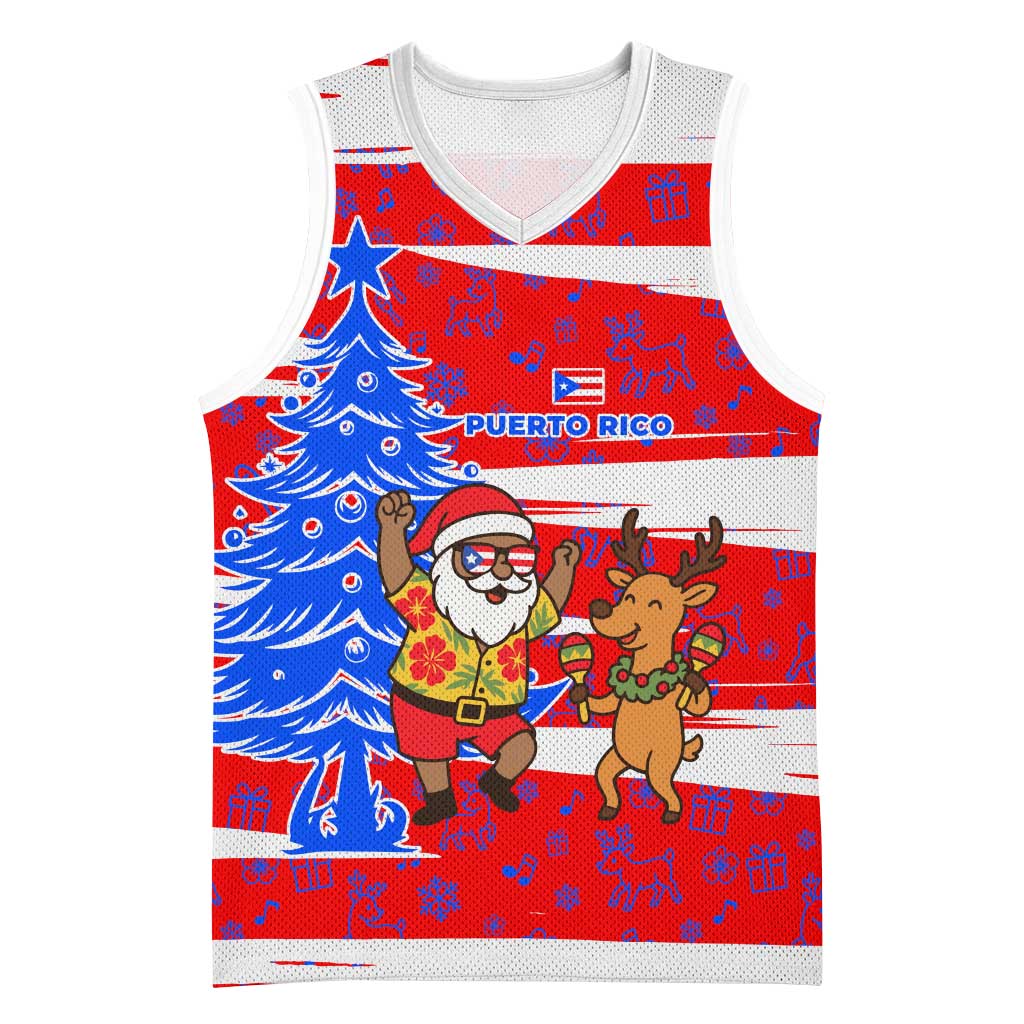 Puerto Rico Christmas Basketball Jersey with Dancing Santa Reindeer Blue Tree and Festive Flag Design - Wonder Print Shop