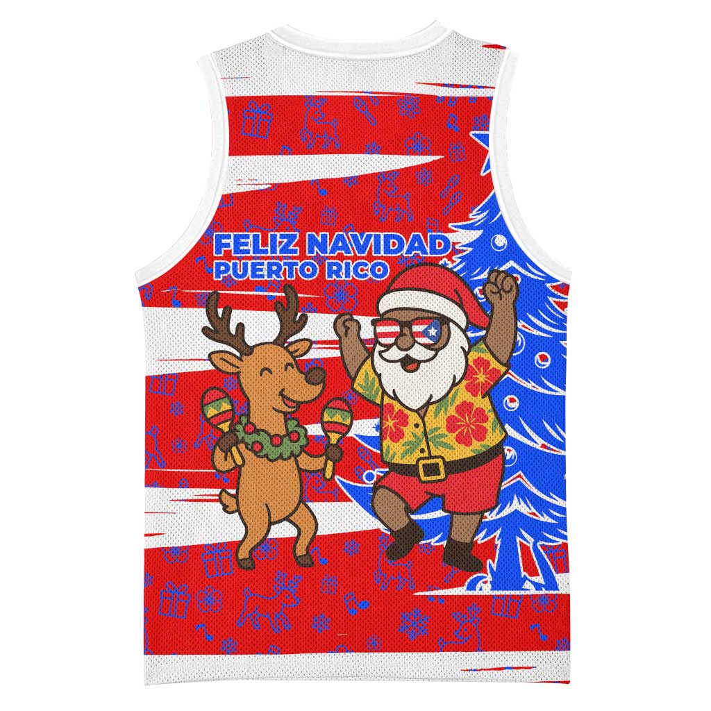 Puerto Rico Christmas Basketball Jersey with Dancing Santa Reindeer Blue Tree and Festive Flag Design - Wonder Print Shop