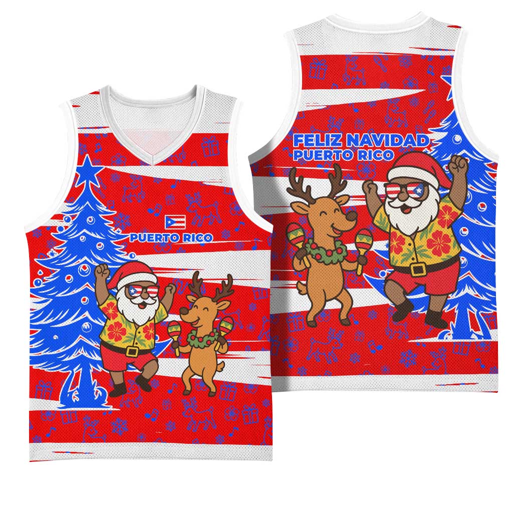 Puerto Rico Christmas Basketball Jersey with Dancing Santa Reindeer Blue Tree and Festive Flag Design - Wonder Print Shop