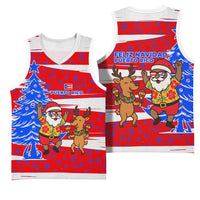 Puerto Rico Christmas Basketball Jersey with Dancing Santa Reindeer Blue Tree and Festive Flag Design - Wonder Print Shop