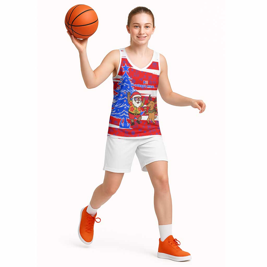 Puerto Rico Christmas Basketball Jersey with Dancing Santa Reindeer Blue Tree and Festive Flag Design - Wonder Print Shop