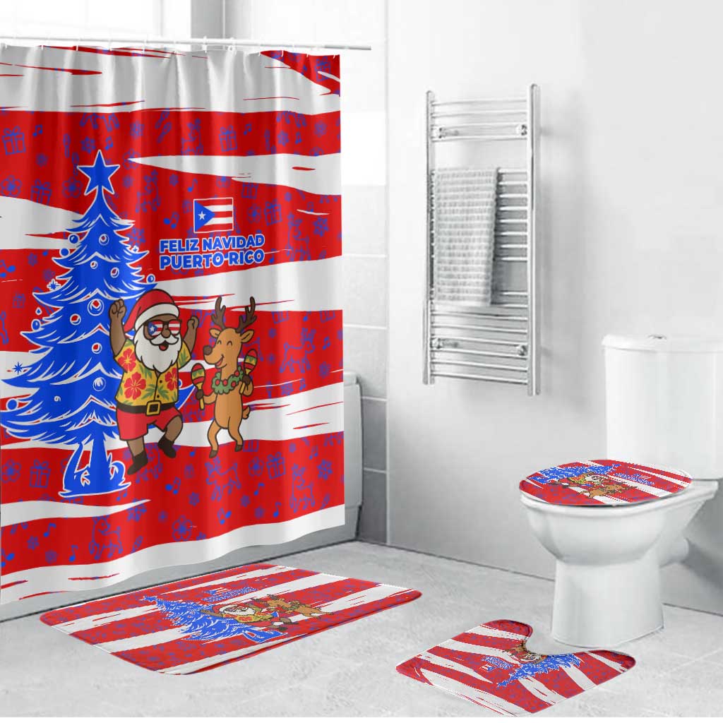 Puerto Rico Christmas Bathroom Set with Dancing Santa Reindeer Blue Tree and Festive Flag Design - Wonder Print Shop