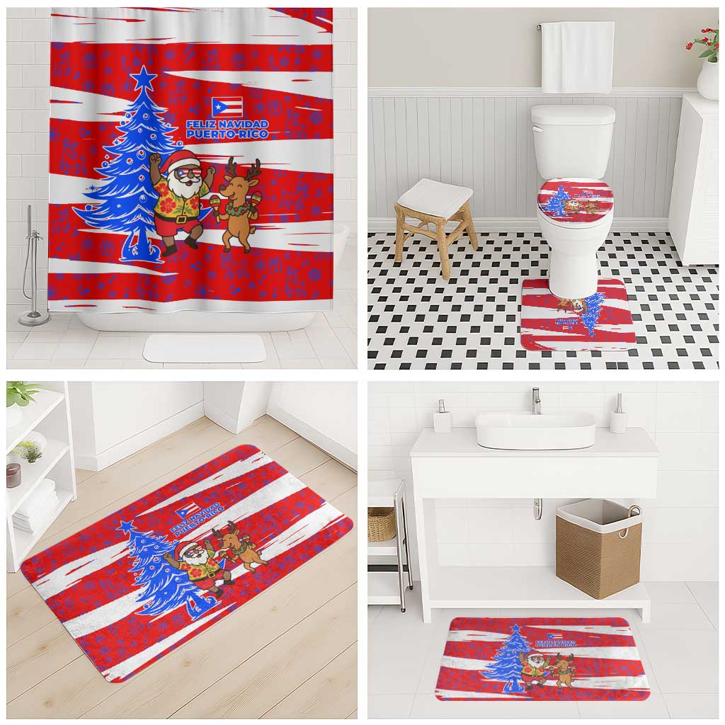 Puerto Rico Christmas Bathroom Set with Dancing Santa Reindeer Blue Tree and Festive Flag Design - Wonder Print Shop