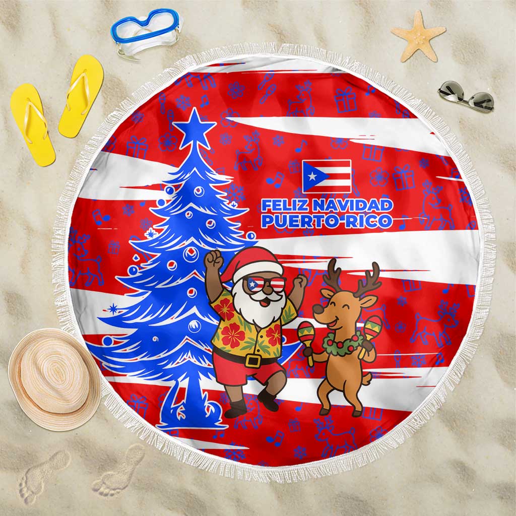 Puerto Rico Christmas Beach Blanket with Dancing Santa Reindeer Blue Tree and Festive Flag Design - Wonder Print Shop
