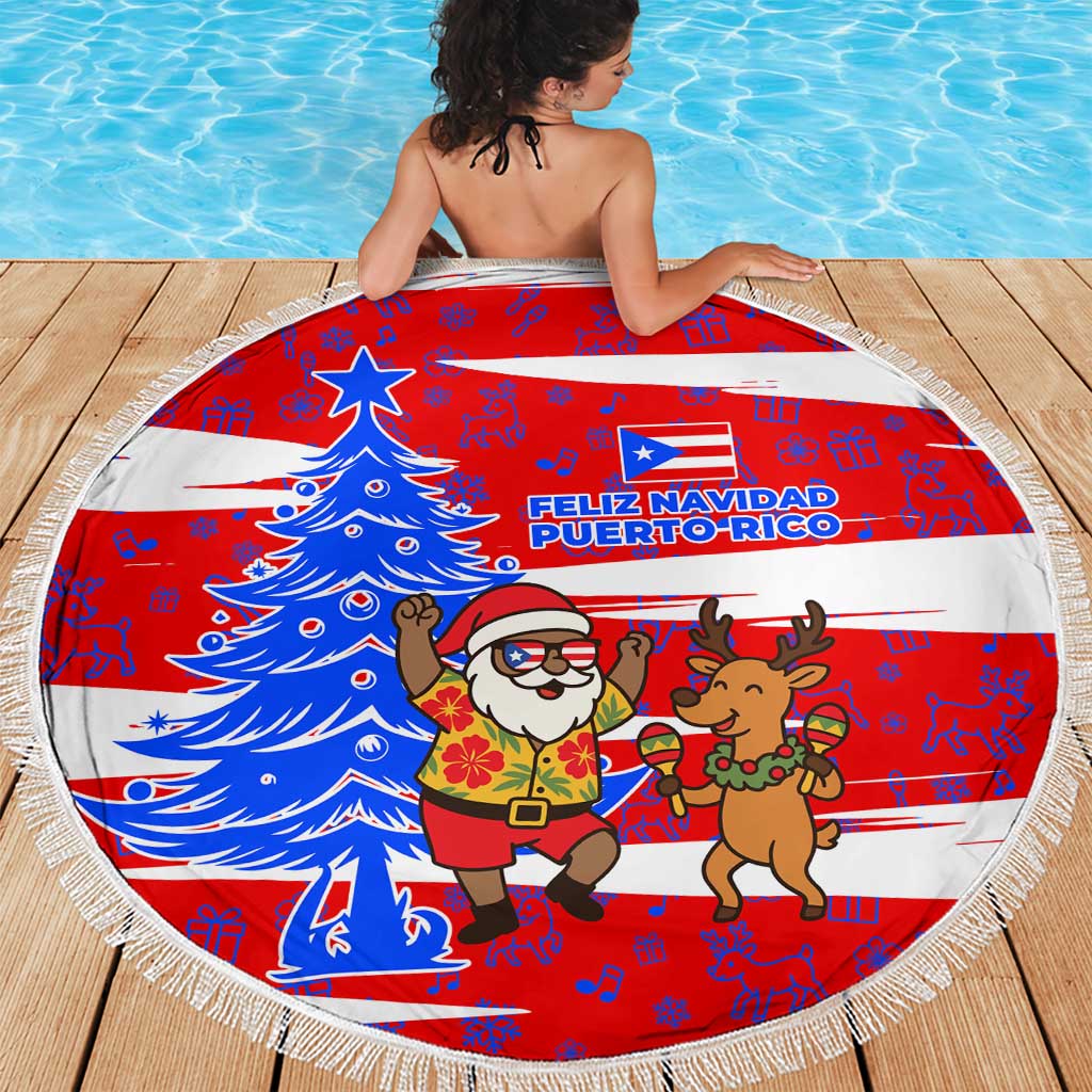 Puerto Rico Christmas Beach Blanket with Dancing Santa Reindeer Blue Tree and Festive Flag Design - Wonder Print Shop