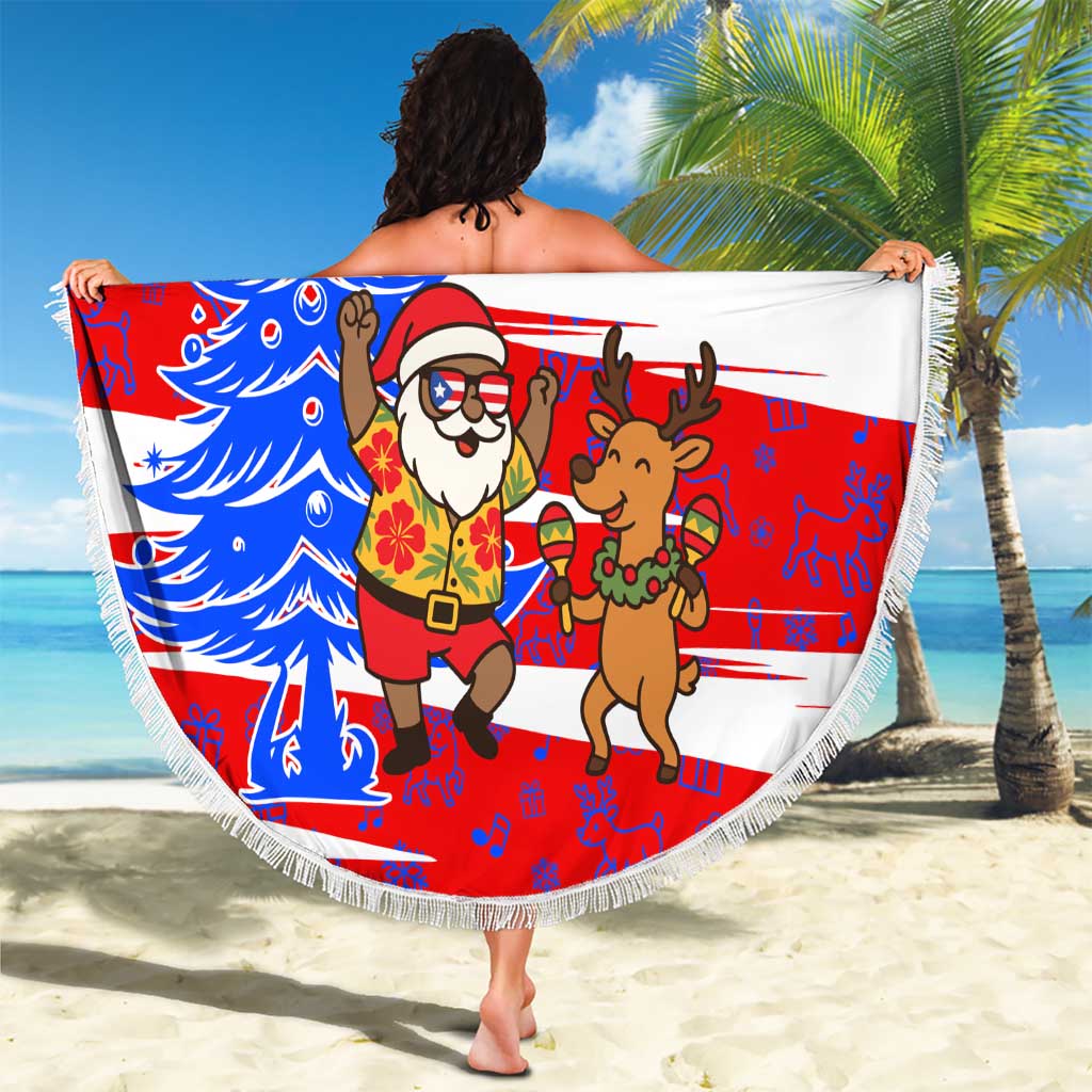 Puerto Rico Christmas Beach Blanket with Dancing Santa Reindeer Blue Tree and Festive Flag Design - Wonder Print Shop