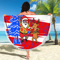 Puerto Rico Christmas Beach Blanket with Dancing Santa Reindeer Blue Tree and Festive Flag Design - Wonder Print Shop