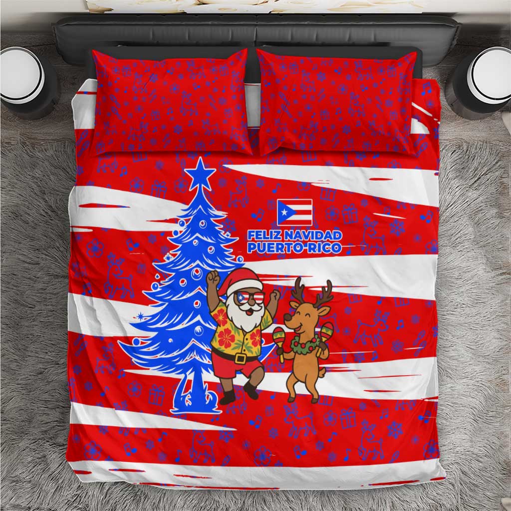 Puerto Rico Christmas Bedding Set with Dancing Santa Reindeer Blue Tree and Festive Flag Design - Wonder Print Shop