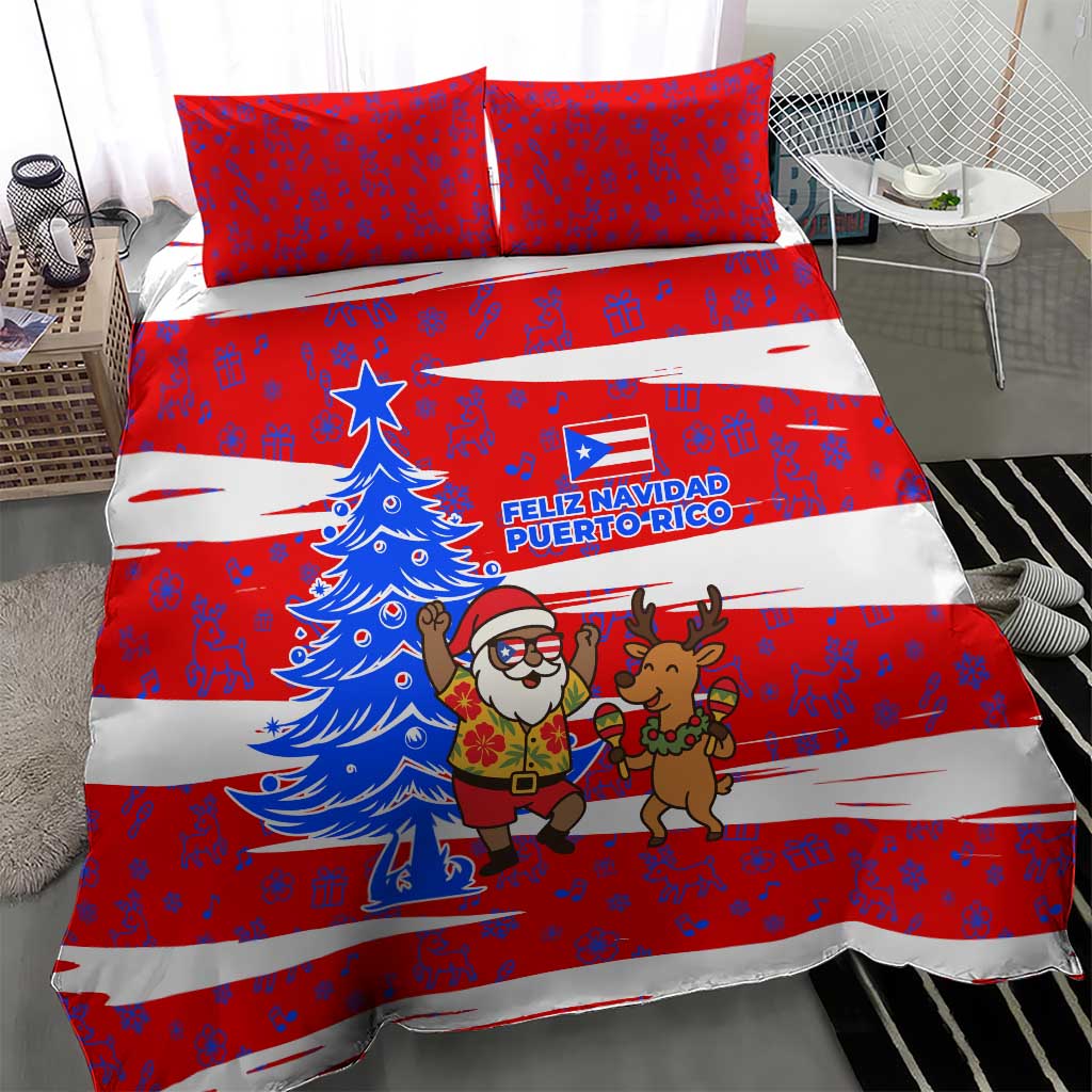 Puerto Rico Christmas Bedding Set with Dancing Santa Reindeer Blue Tree and Festive Flag Design - Wonder Print Shop