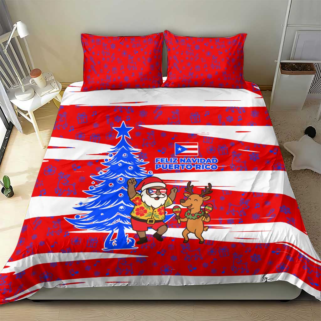 Puerto Rico Christmas Bedding Set with Dancing Santa Reindeer Blue Tree and Festive Flag Design - Wonder Print Shop