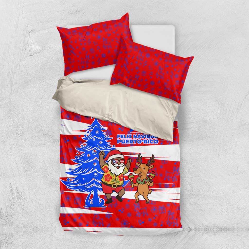 Puerto Rico Christmas Bedding Set with Dancing Santa Reindeer Blue Tree and Festive Flag Design - Wonder Print Shop