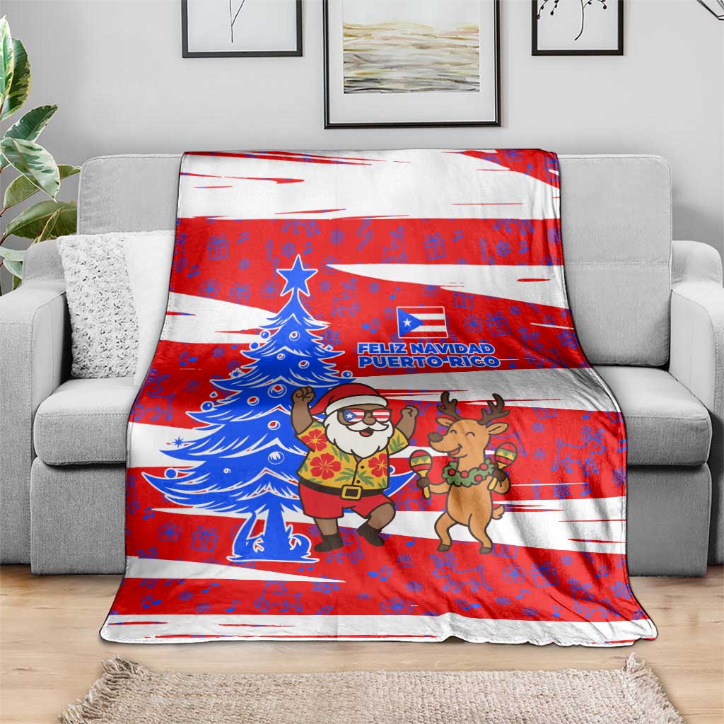 Puerto Rico Christmas Blanket with Dancing Santa Reindeer Blue Tree and Festive Flag Design - Wonder Print Shop
