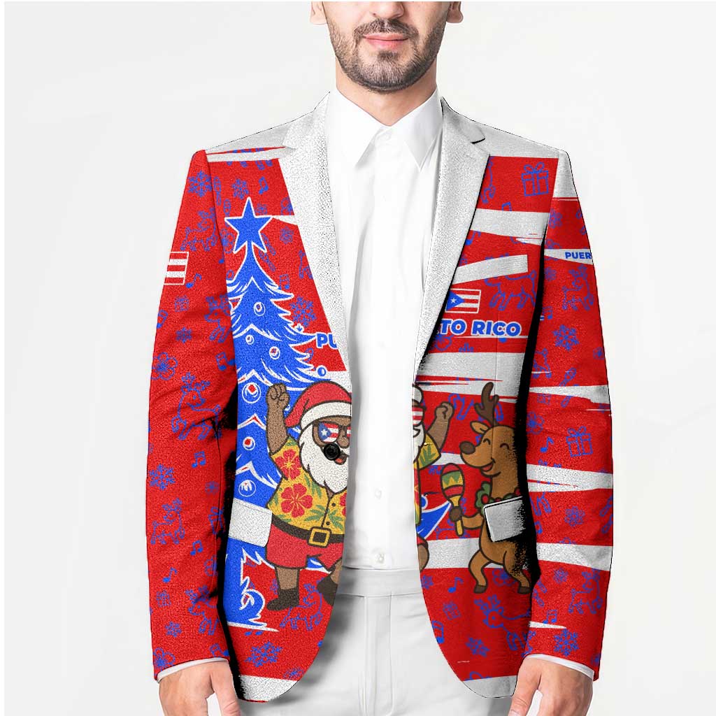 Puerto Rico Christmas Blazer with Dancing Santa Reindeer Blue Tree and Festive Flag Design - Wonder Print Shop
