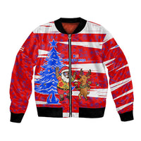 Puerto Rico Christmas Bomber Jacket with Dancing Santa Reindeer Blue Tree and Festive Flag Design - Wonder Print Shop