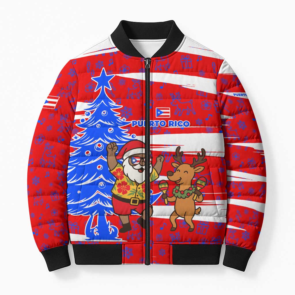 Puerto Rico Christmas Bomber Puffer Jacket with Dancing Santa Reindeer Blue Tree and Festive Flag Design - Wonder Print Shop