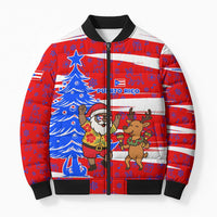 Puerto Rico Christmas Bomber Puffer Jacket with Dancing Santa Reindeer Blue Tree and Festive Flag Design - Wonder Print Shop