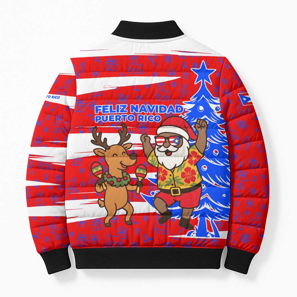 Puerto Rico Christmas Bomber Puffer Jacket with Dancing Santa Reindeer Blue Tree and Festive Flag Design - Wonder Print Shop