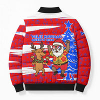 Puerto Rico Christmas Bomber Puffer Jacket with Dancing Santa Reindeer Blue Tree and Festive Flag Design - Wonder Print Shop