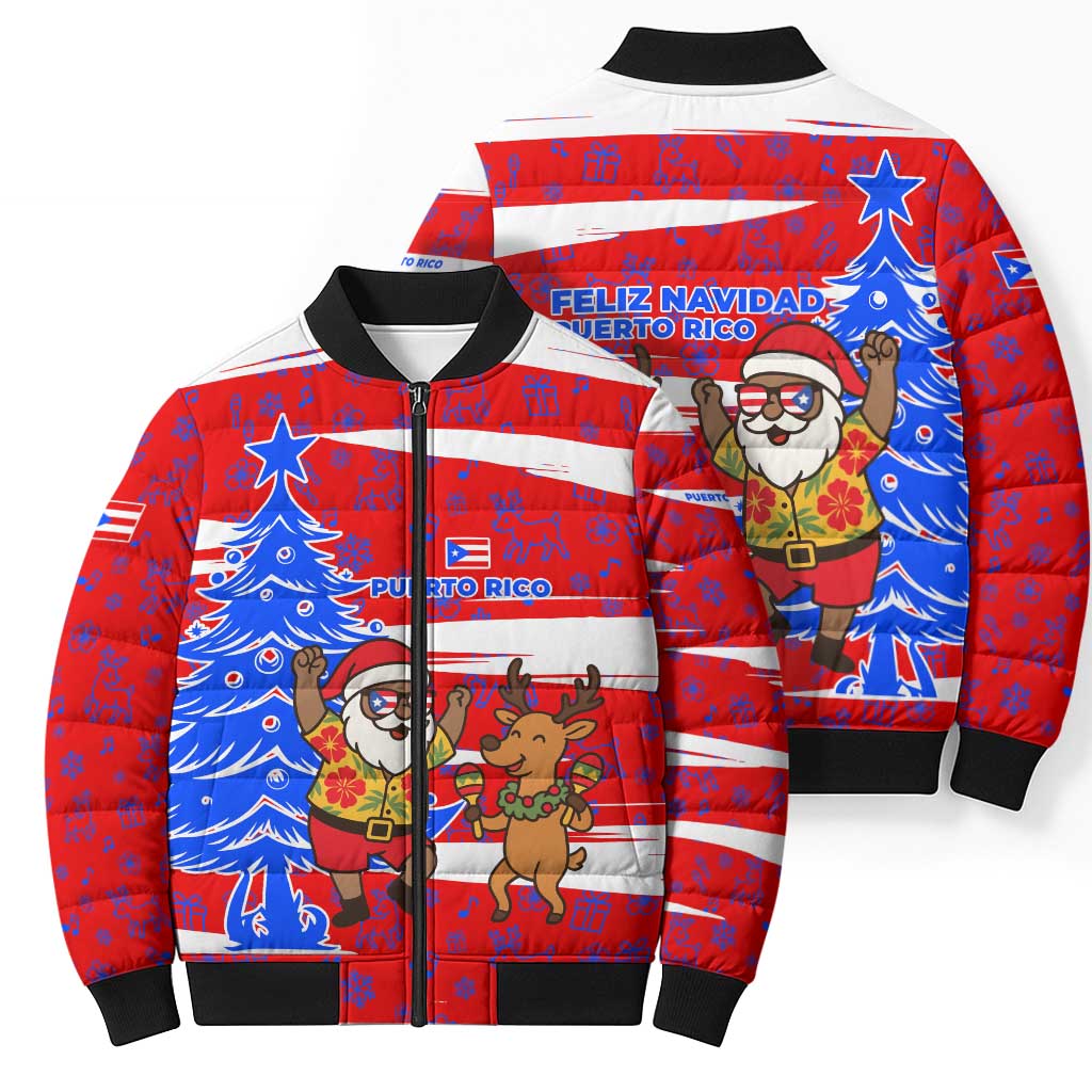 Puerto Rico Christmas Bomber Puffer Jacket with Dancing Santa Reindeer Blue Tree and Festive Flag Design - Wonder Print Shop