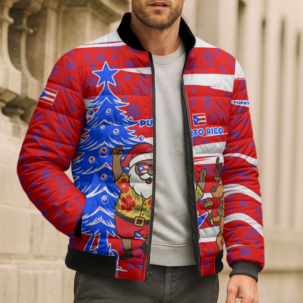 Puerto Rico Christmas Bomber Puffer Jacket with Dancing Santa Reindeer Blue Tree and Festive Flag Design - Wonder Print Shop