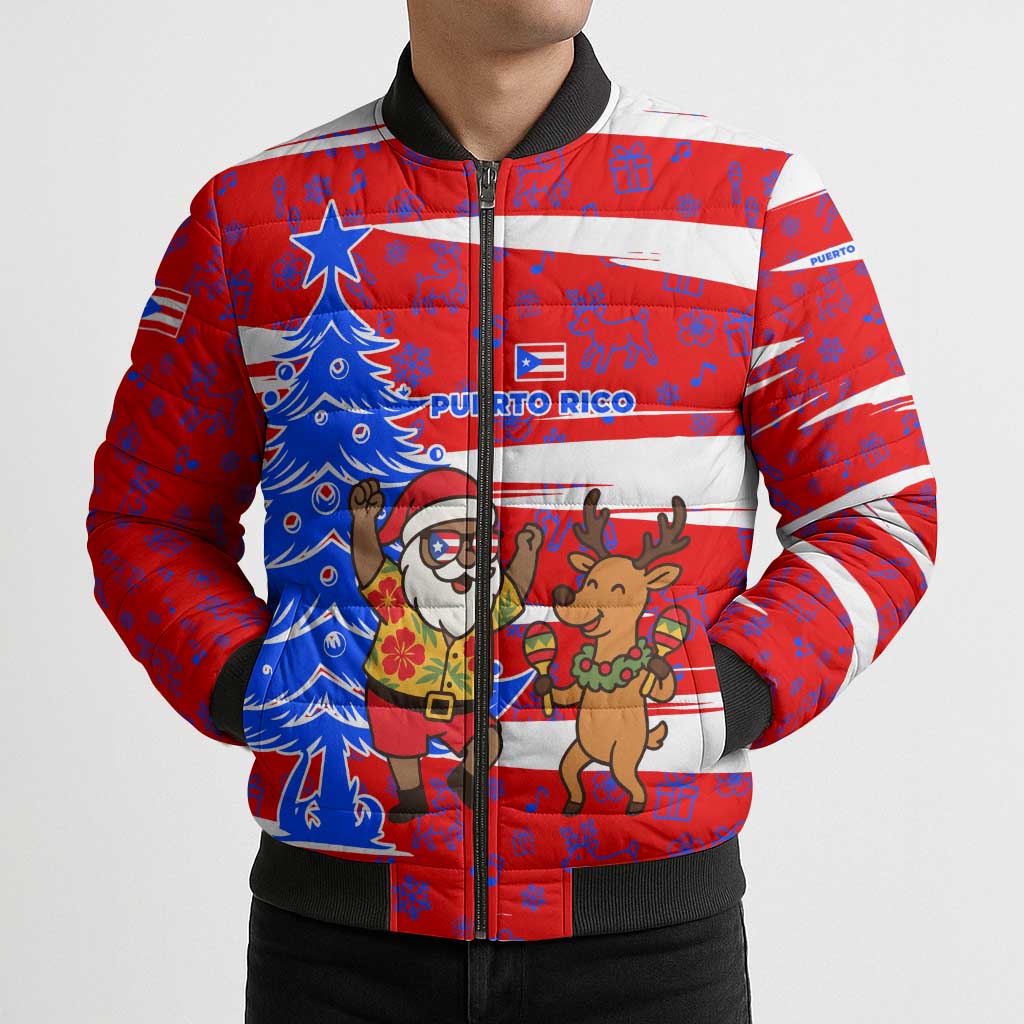 Puerto Rico Christmas Bomber Puffer Jacket with Dancing Santa Reindeer Blue Tree and Festive Flag Design - Wonder Print Shop