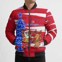 Puerto Rico Christmas Bomber Puffer Jacket with Dancing Santa Reindeer Blue Tree and Festive Flag Design - Wonder Print Shop