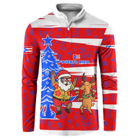 Puerto Rico Christmas Button Sweatshirt with Dancing Santa Reindeer Blue Tree and Festive Flag Design - Wonder Print Shop