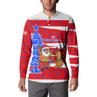 Puerto Rico Christmas Button Sweatshirt with Dancing Santa Reindeer Blue Tree and Festive Flag Design - Wonder Print Shop