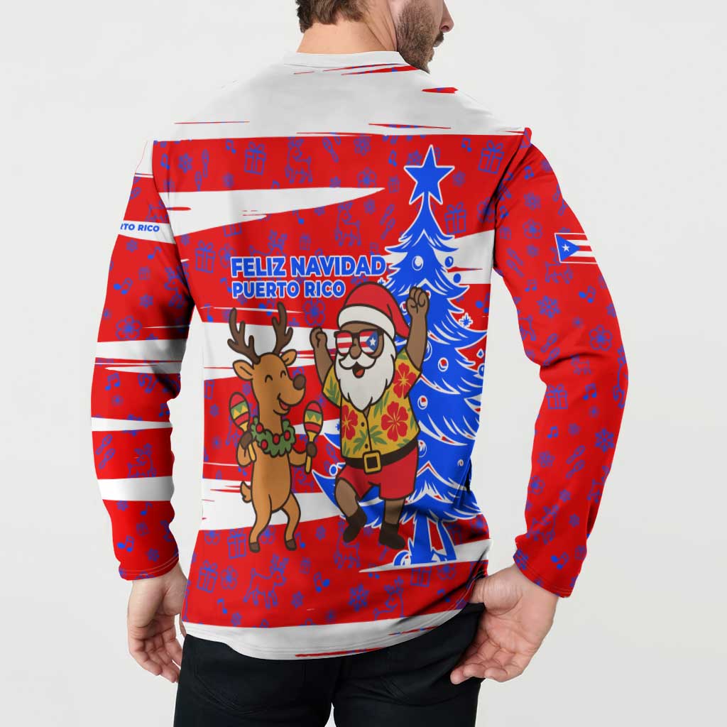 Puerto Rico Christmas Button Sweatshirt with Dancing Santa Reindeer Blue Tree and Festive Flag Design - Wonder Print Shop
