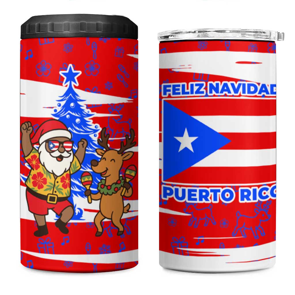 Puerto Rico Christmas 4 in 1 Can Cooler Tumbler with Dancing Santa Reindeer Blue Tree and Festive Flag Design - Wonder Print Shop