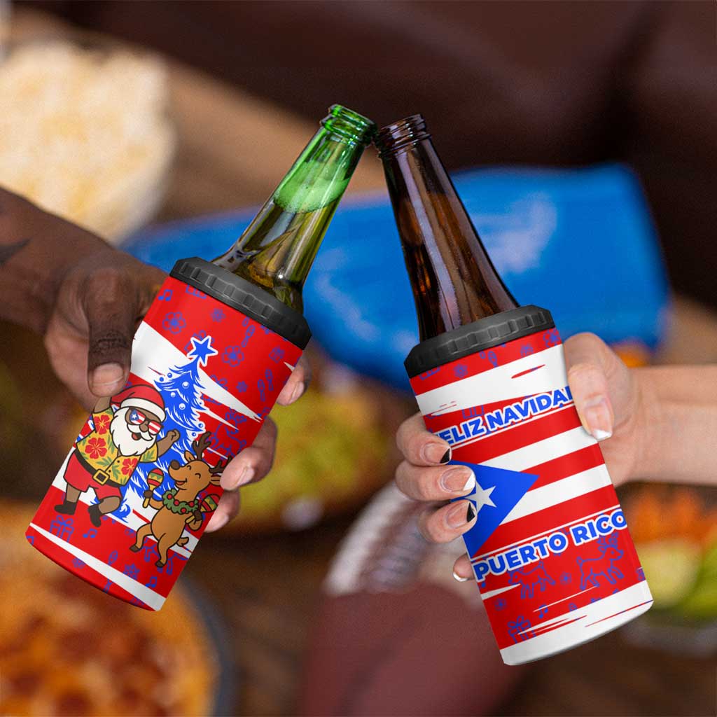 Puerto Rico Christmas 4 in 1 Can Cooler Tumbler with Dancing Santa Reindeer Blue Tree and Festive Flag Design - Wonder Print Shop