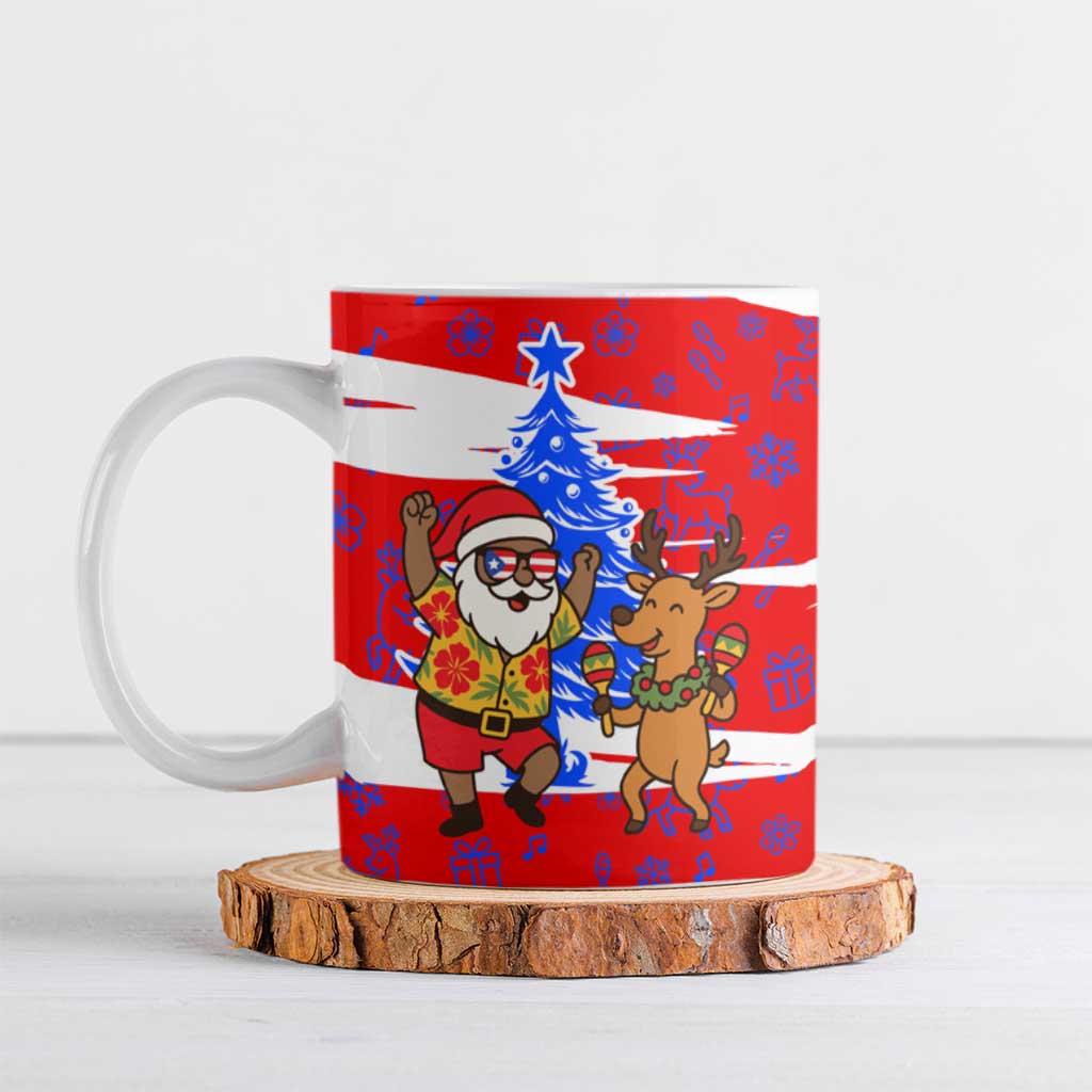 Puerto Rico Christmas Ceramic Mug with Dancing Santa Reindeer Blue Tree and Festive Flag Design - Wonder Print Shop