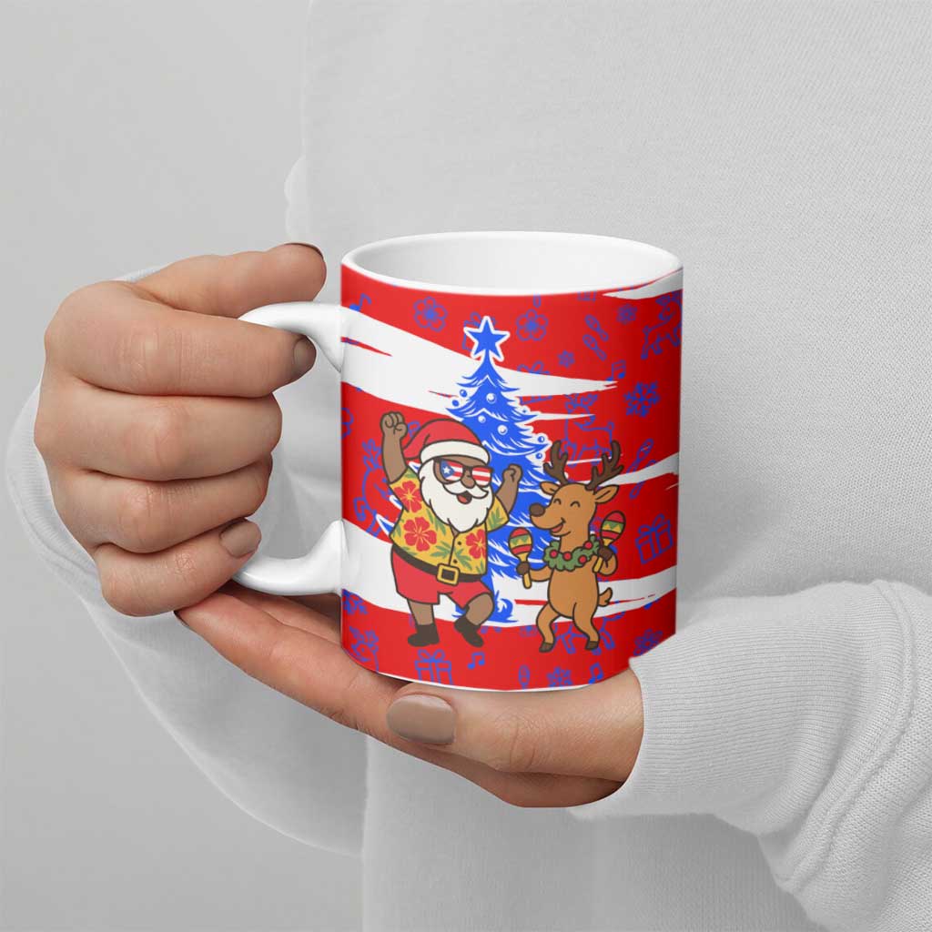 Puerto Rico Christmas Ceramic Mug with Dancing Santa Reindeer Blue Tree and Festive Flag Design - Wonder Print Shop