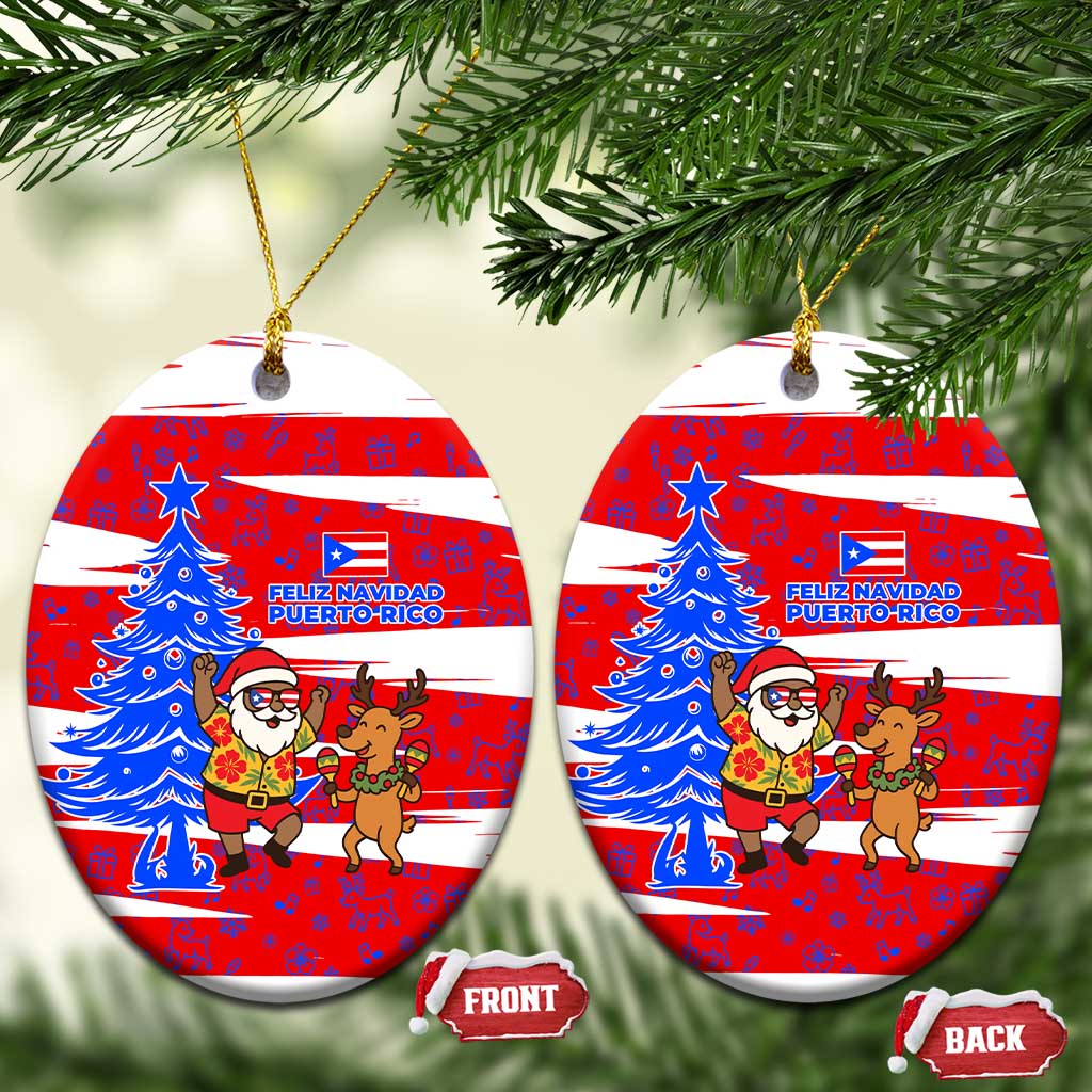 Puerto Rico Christmas Ceramic Ornament with Dancing Santa Reindeer Blue Tree and Festive Flag Design - Wonder Print Shop