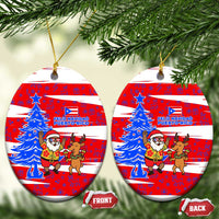 Puerto Rico Christmas Ceramic Ornament with Dancing Santa Reindeer Blue Tree and Festive Flag Design - Wonder Print Shop