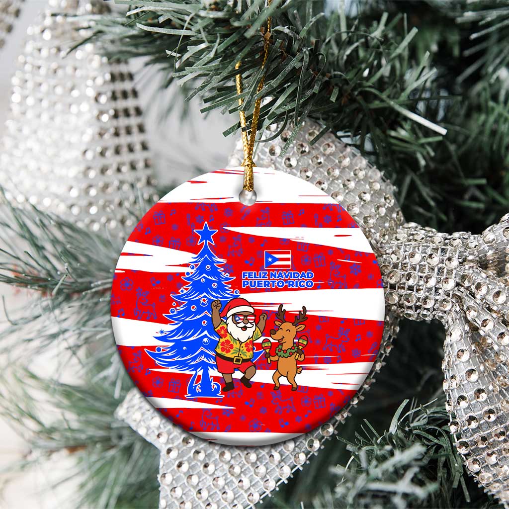 Puerto Rico Christmas Ceramic Ornament with Dancing Santa Reindeer Blue Tree and Festive Flag Design - Wonder Print Shop
