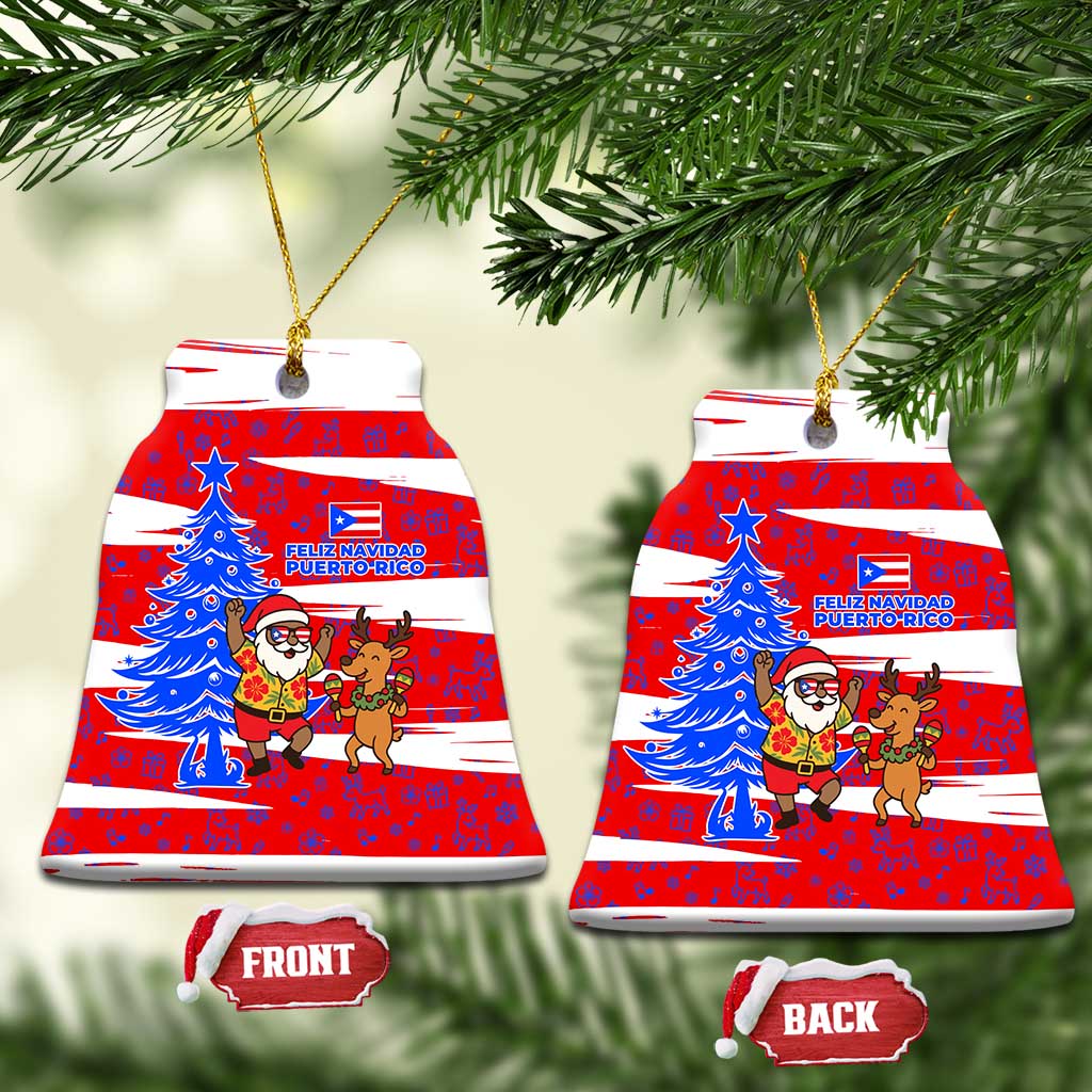 Puerto Rico Christmas Ceramic Ornament with Dancing Santa Reindeer Blue Tree and Festive Flag Design - Wonder Print Shop