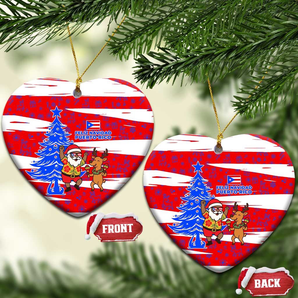 Puerto Rico Christmas Ceramic Ornament with Dancing Santa Reindeer Blue Tree and Festive Flag Design - Wonder Print Shop