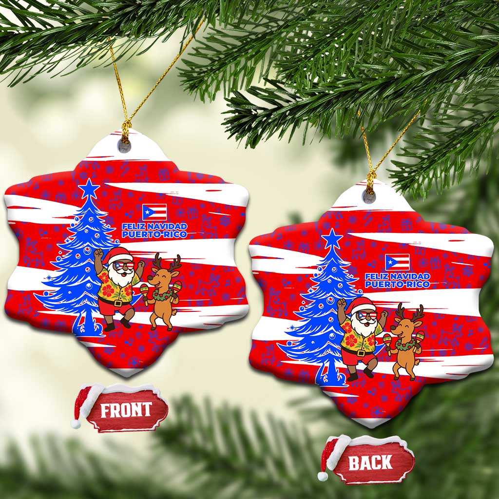 Puerto Rico Christmas Ceramic Ornament with Dancing Santa Reindeer Blue Tree and Festive Flag Design - Wonder Print Shop