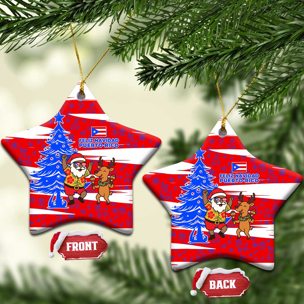 Puerto Rico Christmas Ceramic Ornament with Dancing Santa Reindeer Blue Tree and Festive Flag Design - Wonder Print Shop