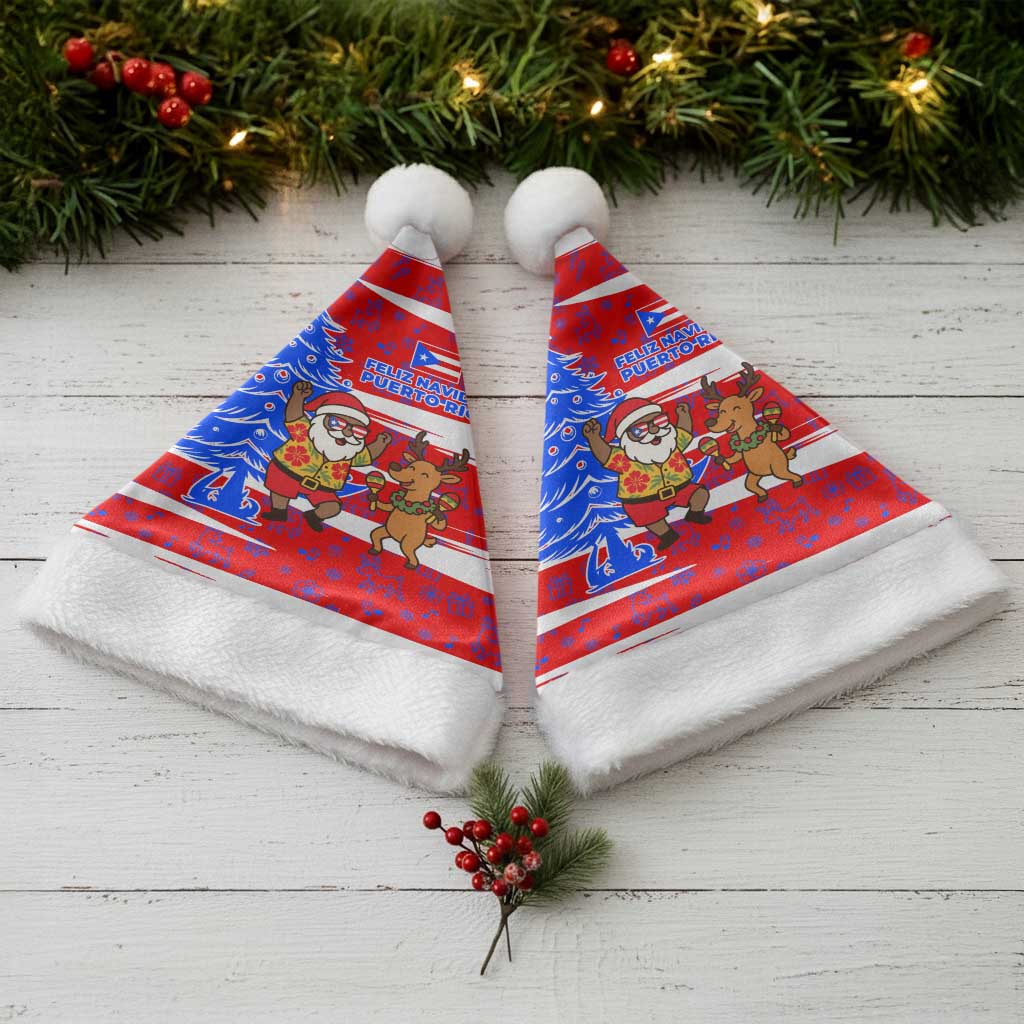 Puerto Rico Christmas Santa Hat with Dancing Santa Reindeer Blue Tree and Festive Flag Design - Wonder Print Shop
