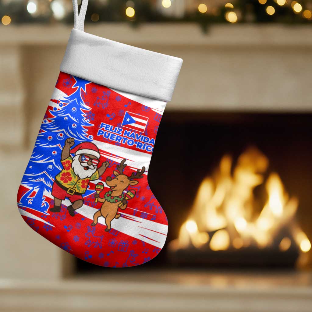 Puerto Rico Christmas Stocking with Dancing Santa Reindeer Blue Tree and Festive Flag Design - Wonder Print Shop